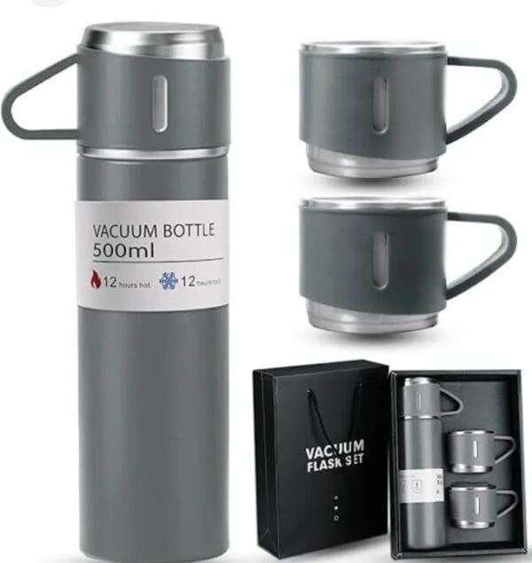 Stainless Steel Vacuum Flask Bottle Set with 3 Cups - Image 3