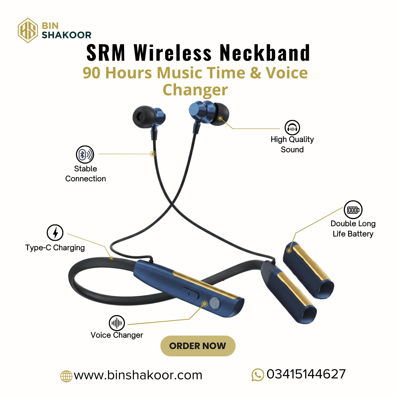 SRM Wireless Neckband with 90 Hours and Voice Changer - Image 2