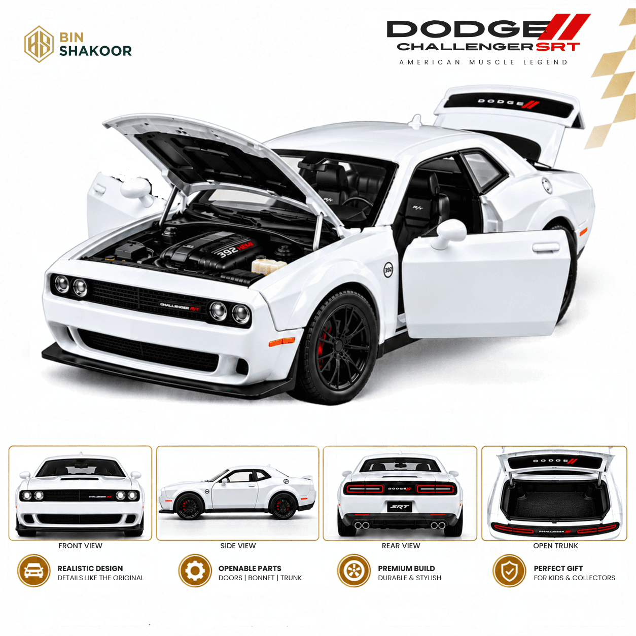 Dodge Challenger Die-Cast 1:32 Friction Car with Pull Back Action & Openable Doors
