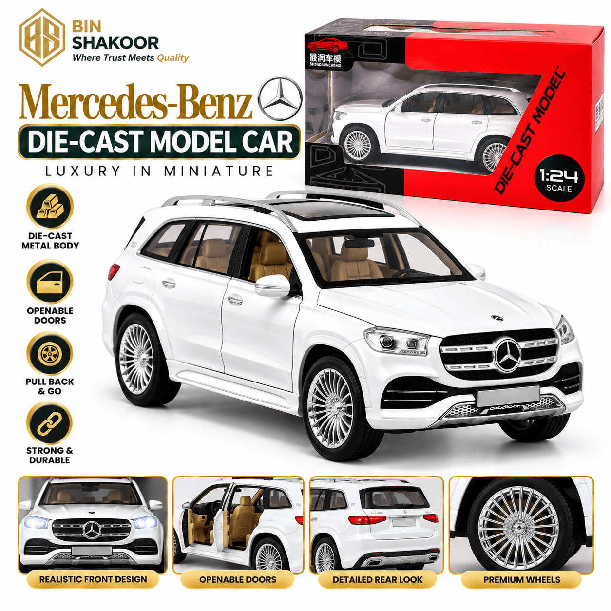 Mercedes Benz SUV 1:24 Die-Cast Model Car Pull Back & Openable Doors
